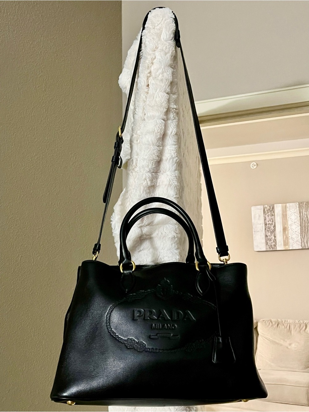 Prada Black Leather Glacé Calfskin Embossed Leather Logo Tote (Authentic) - Picture 2 of 15